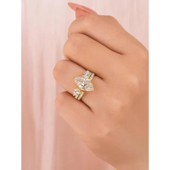 3.5CT Marquise Cut Inset Engagement Ring Set, S925 Silver 5A Cubic Zirconia Brid